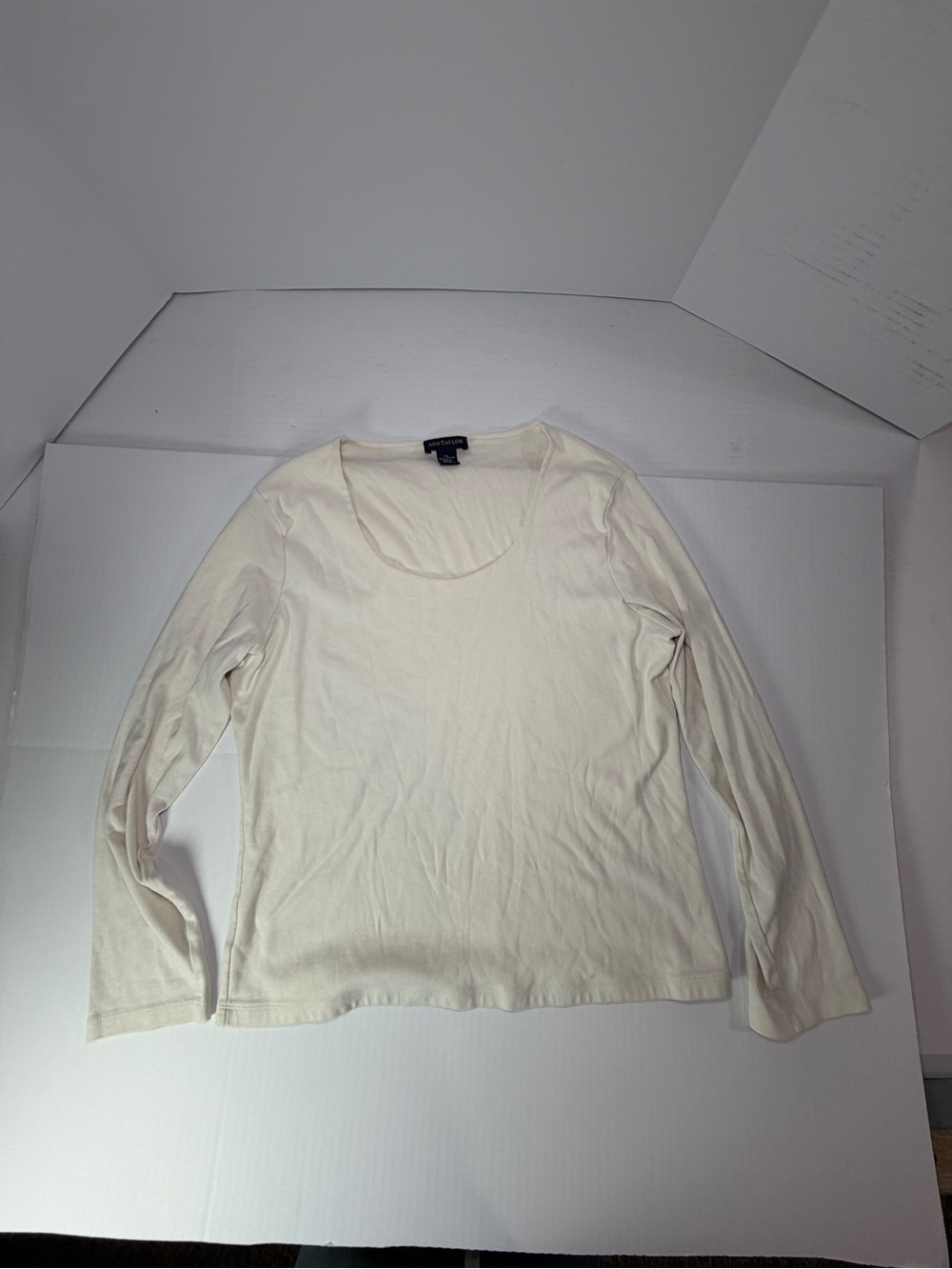 Ann Taylor Scoop Neck Long Sleeve Top in Creamy Beige